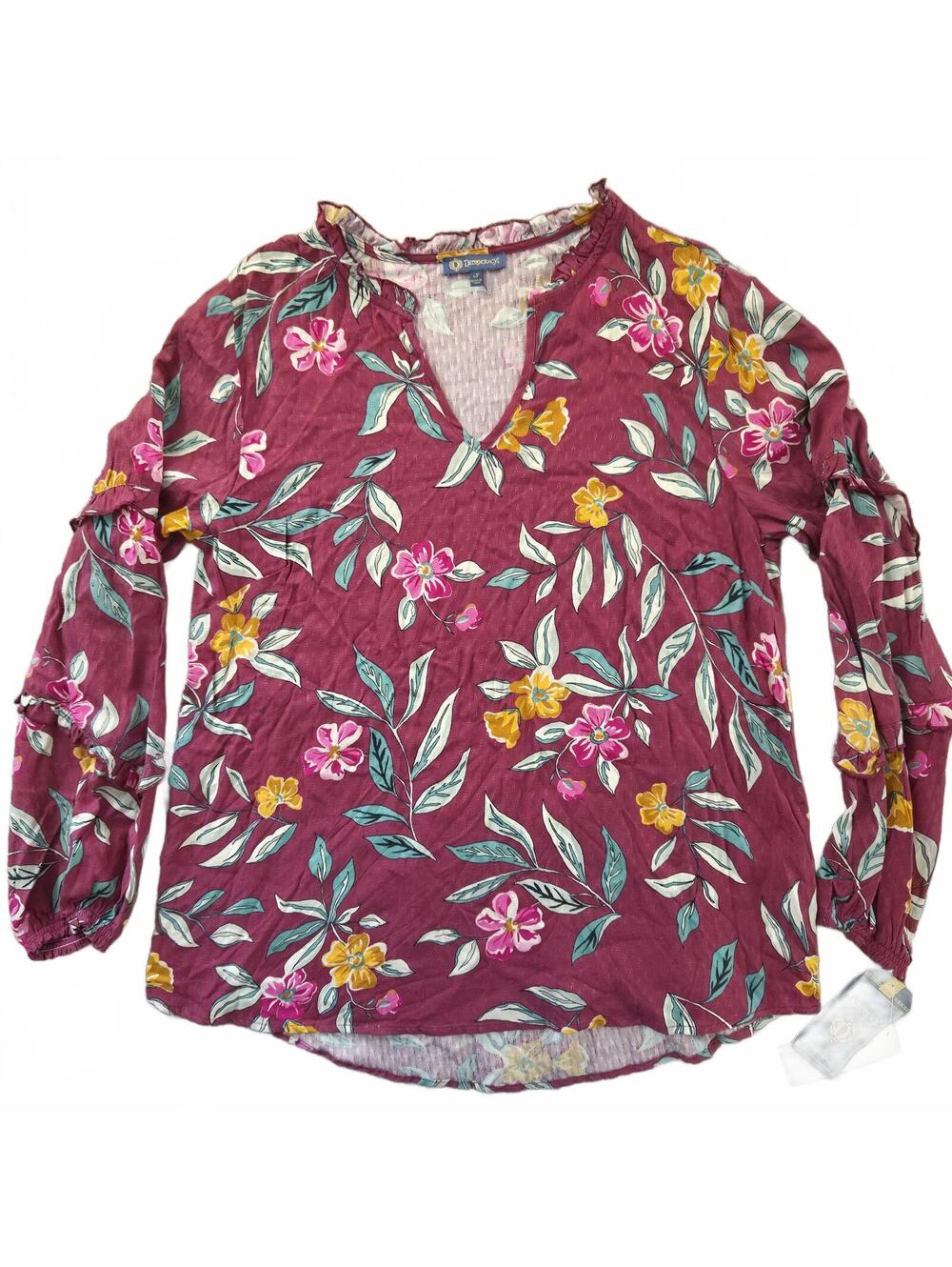 Democracy Women's Burgundy Floral Split-Neck Blouse Size S